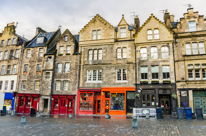 Town Houses with Colourful Shops in Edinburgh