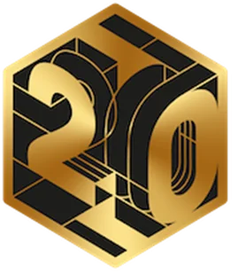 Gold hexagonal logo featuring the numbers "20" in a stylised design.